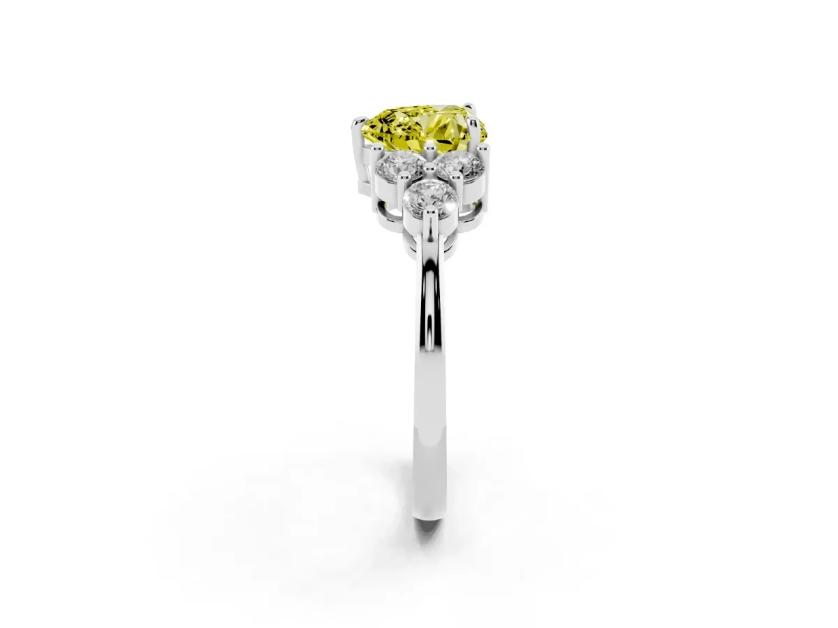 Fancy Yellow Heart Cut Brilliant Diamond Cluster Accent Solitaire Ring with Prong Setting Platinum