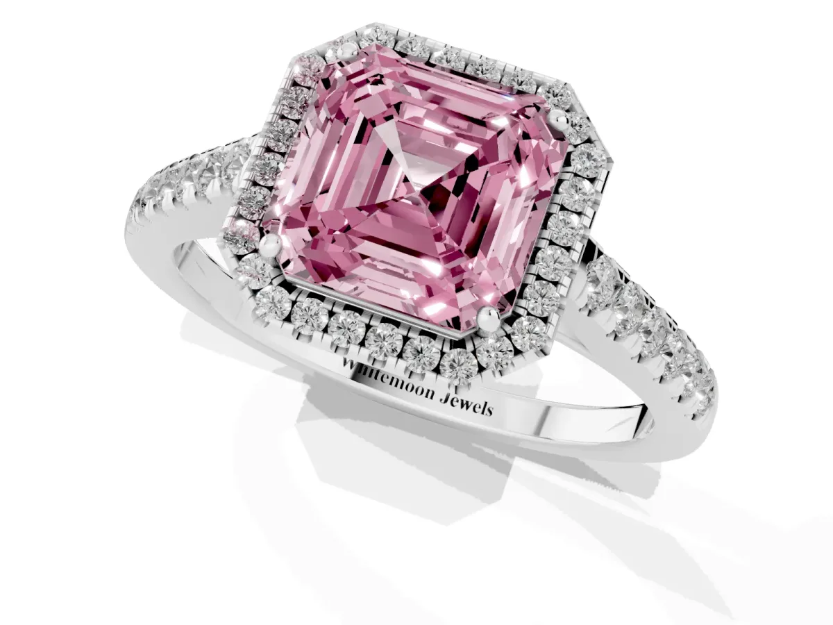 Fancy Pink Asscher Cut Halo Pave Diamond Engagement Ring with Four-Prong Setting White gold