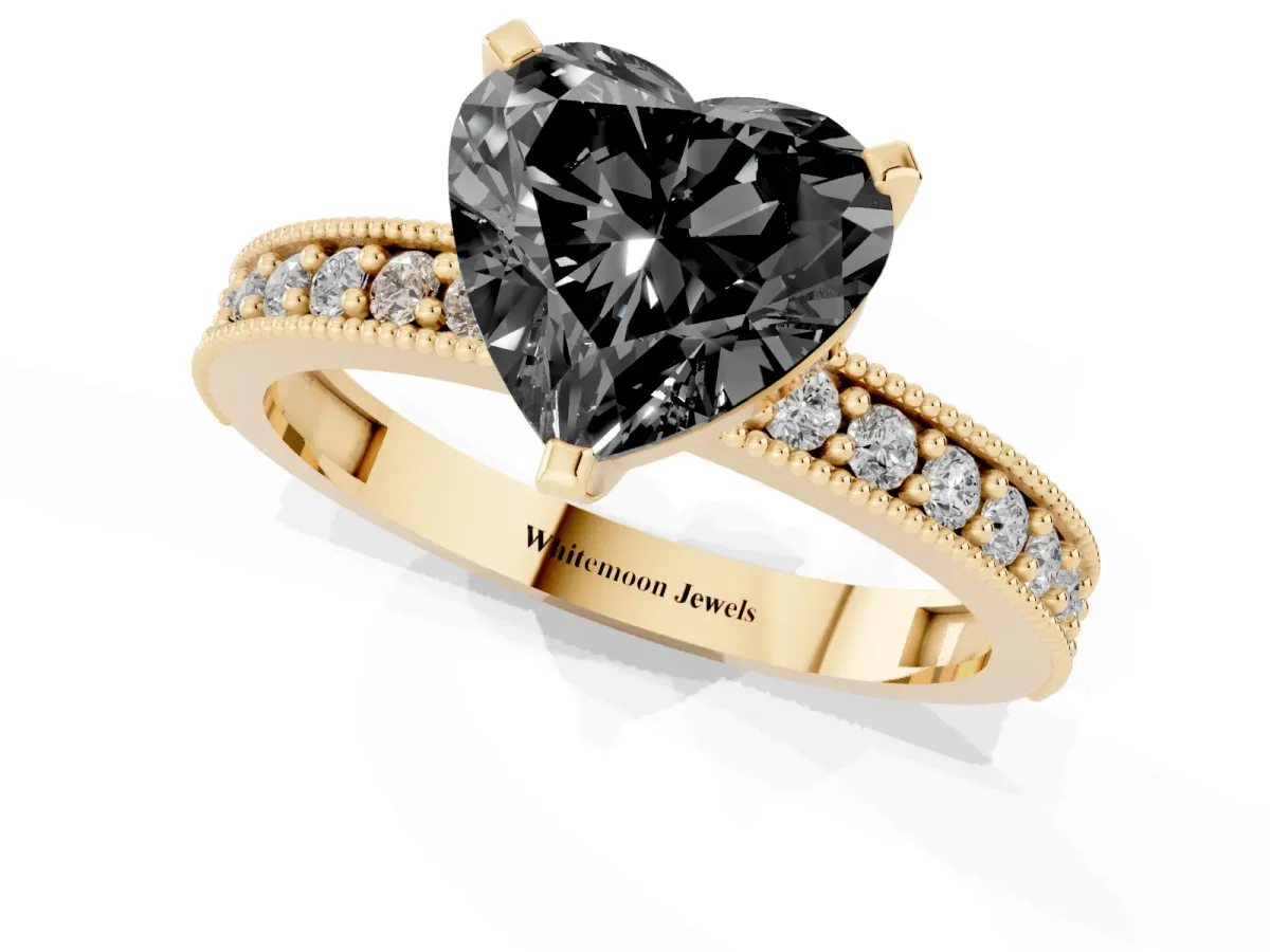 Fancy Black Heart Cut Diamond Milgrain Pavé Engagement Ring with Four-Prong Setting Yellow gold