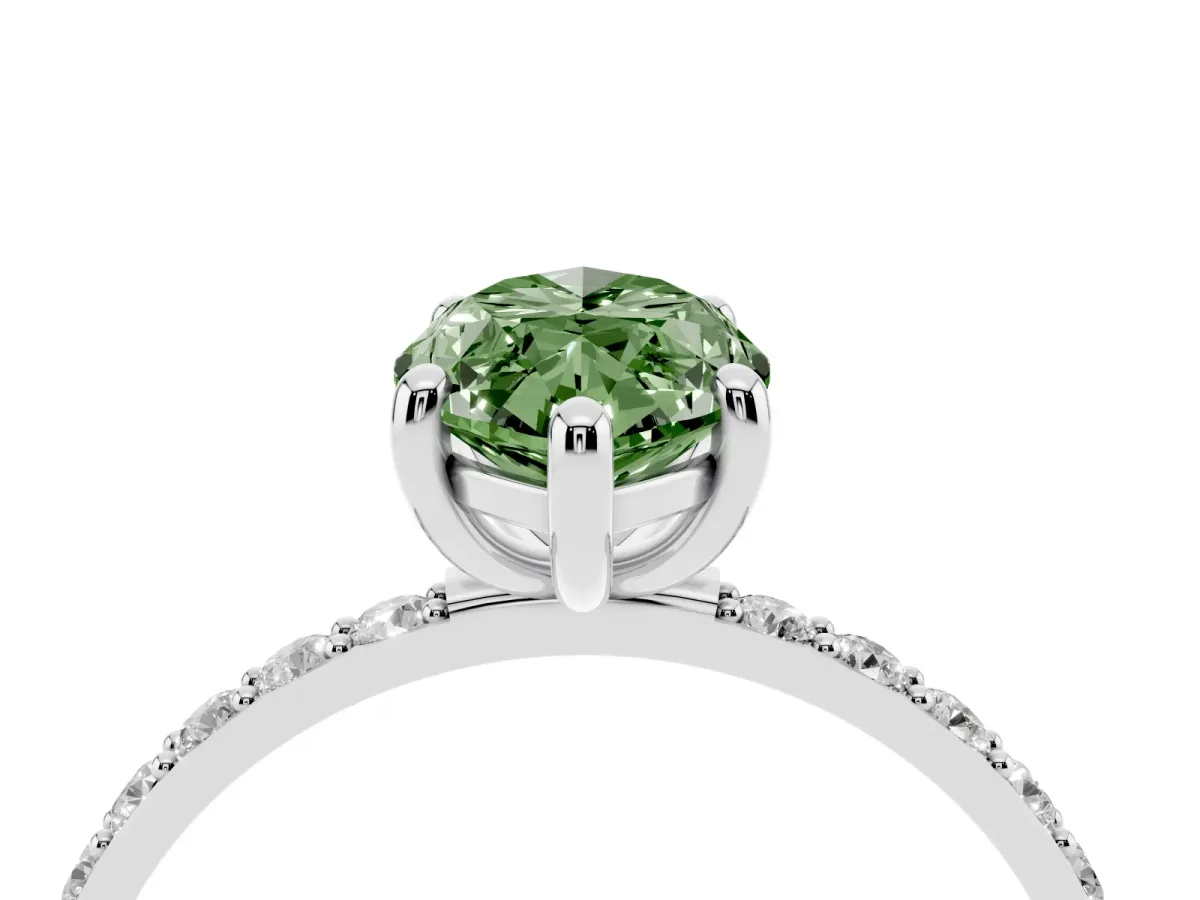 Fancy Green Marquise Cut Diamond Solitaire Ring with Round Pavé Band and Prong Setting Silver