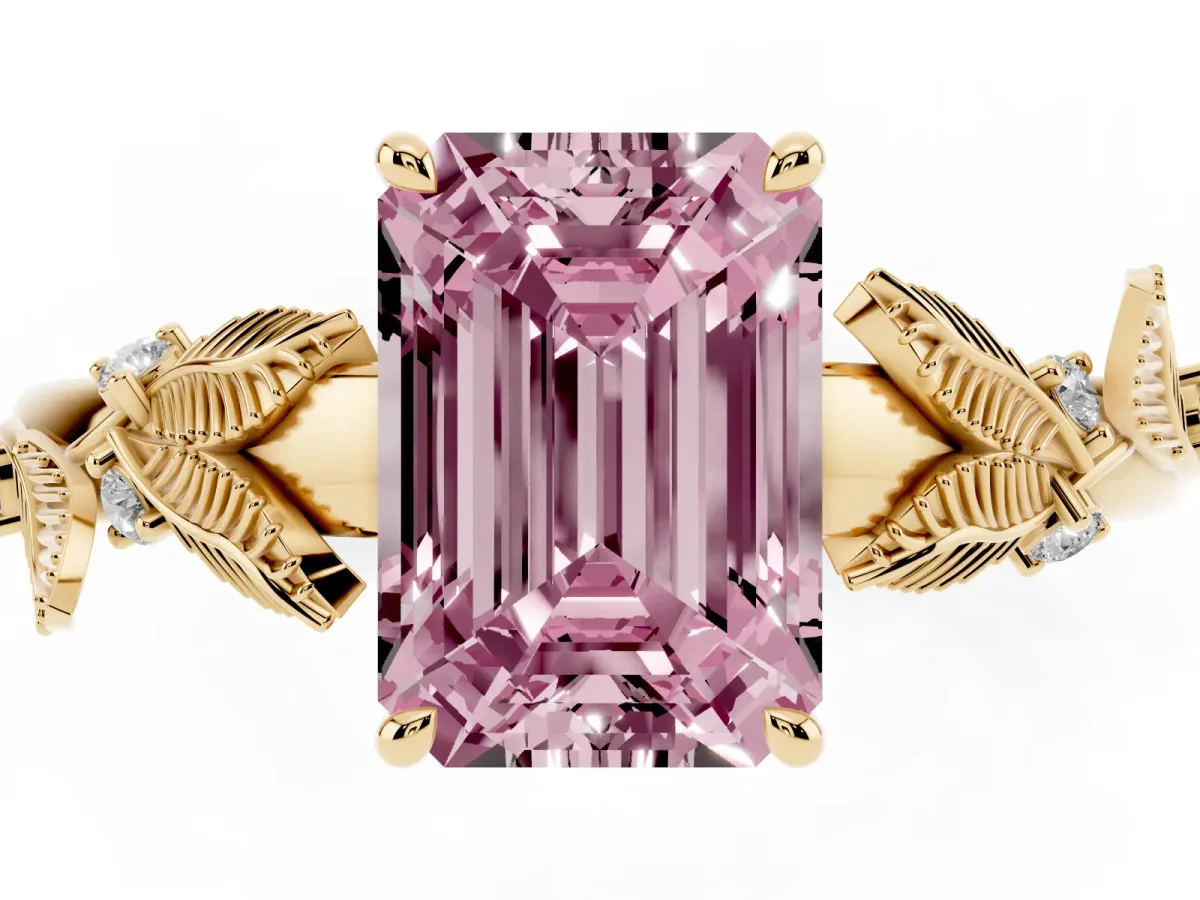 Fancy Pink Emerald Cut Diamond Solitaire Ring with Leaf Motif Band and Four-Prong Setting Yellow gold