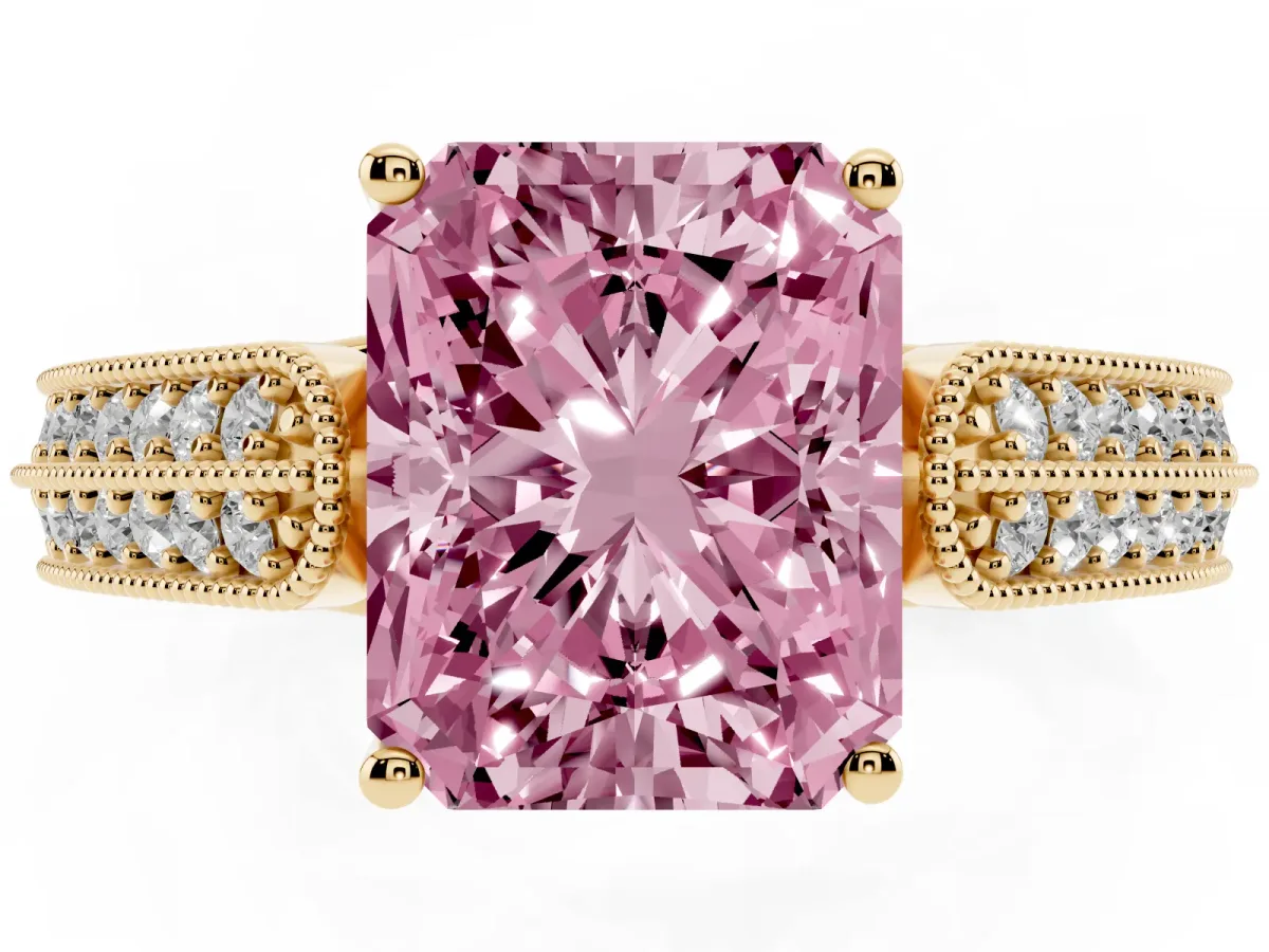 Fancy Pink Radiant Cut Cut Pave Split Shank Engagement Ring with Four-Prong Setting Yellow gold
