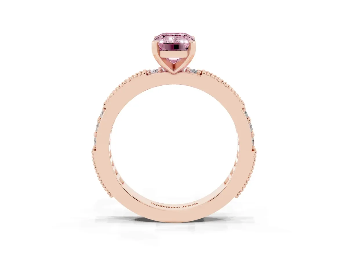 Fancy Pink Emerald Cut Solitaire with Pavé Band and Four-Prong Setting Rose gold