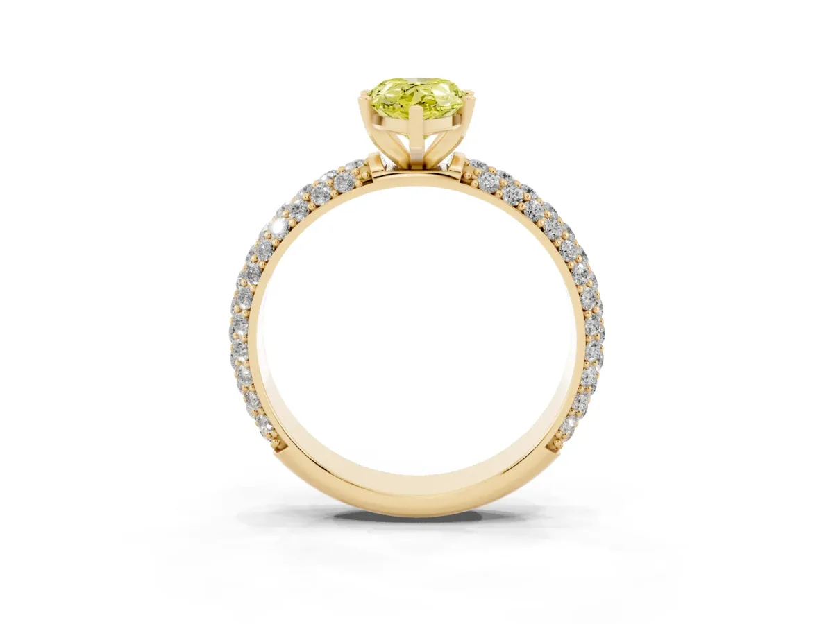 Fancy Yellow Pear Cut Diamond Solitaire Ring with Prong Setting and Pavé Band Yellow gold