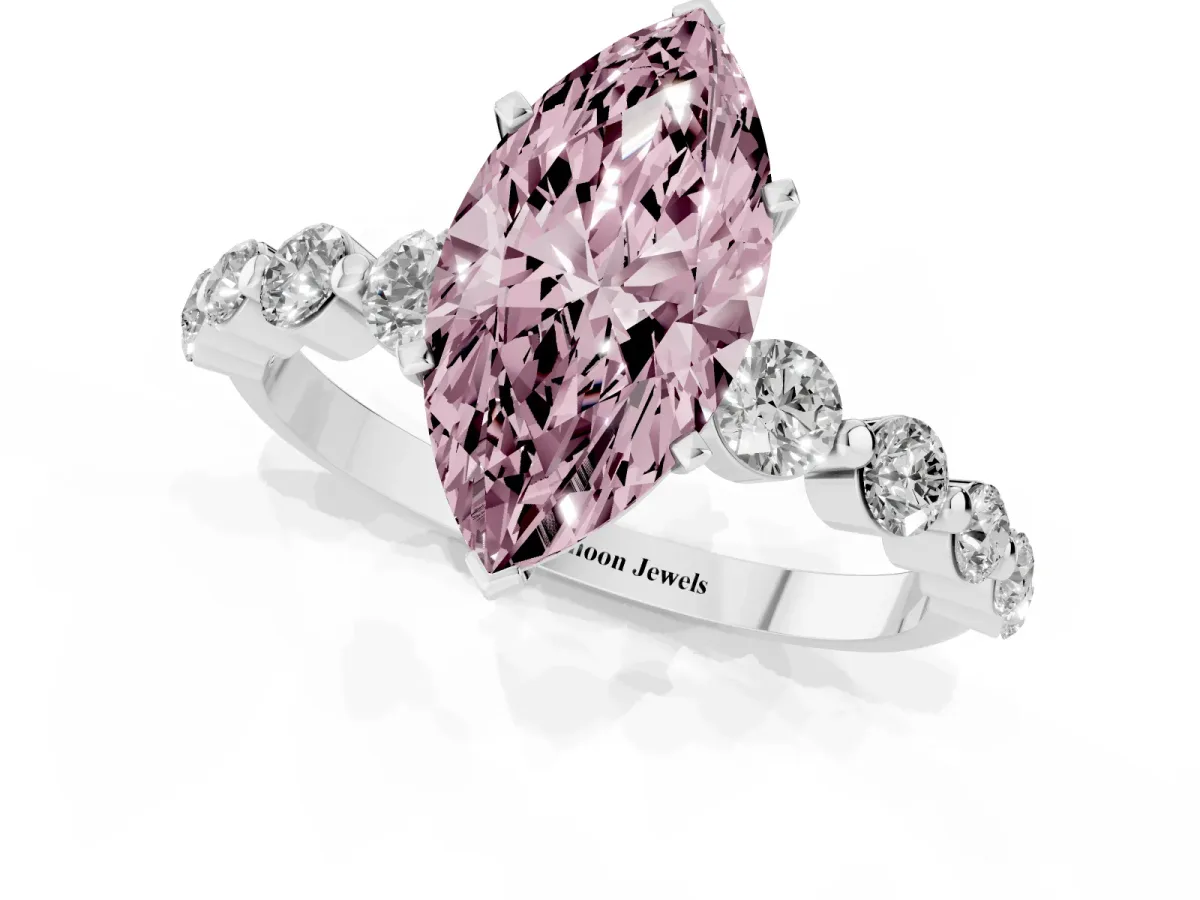 Fancy Pink Marquise Cut Solitaire Diamond Ring with Pave Band and Four-Prong Setting Silver