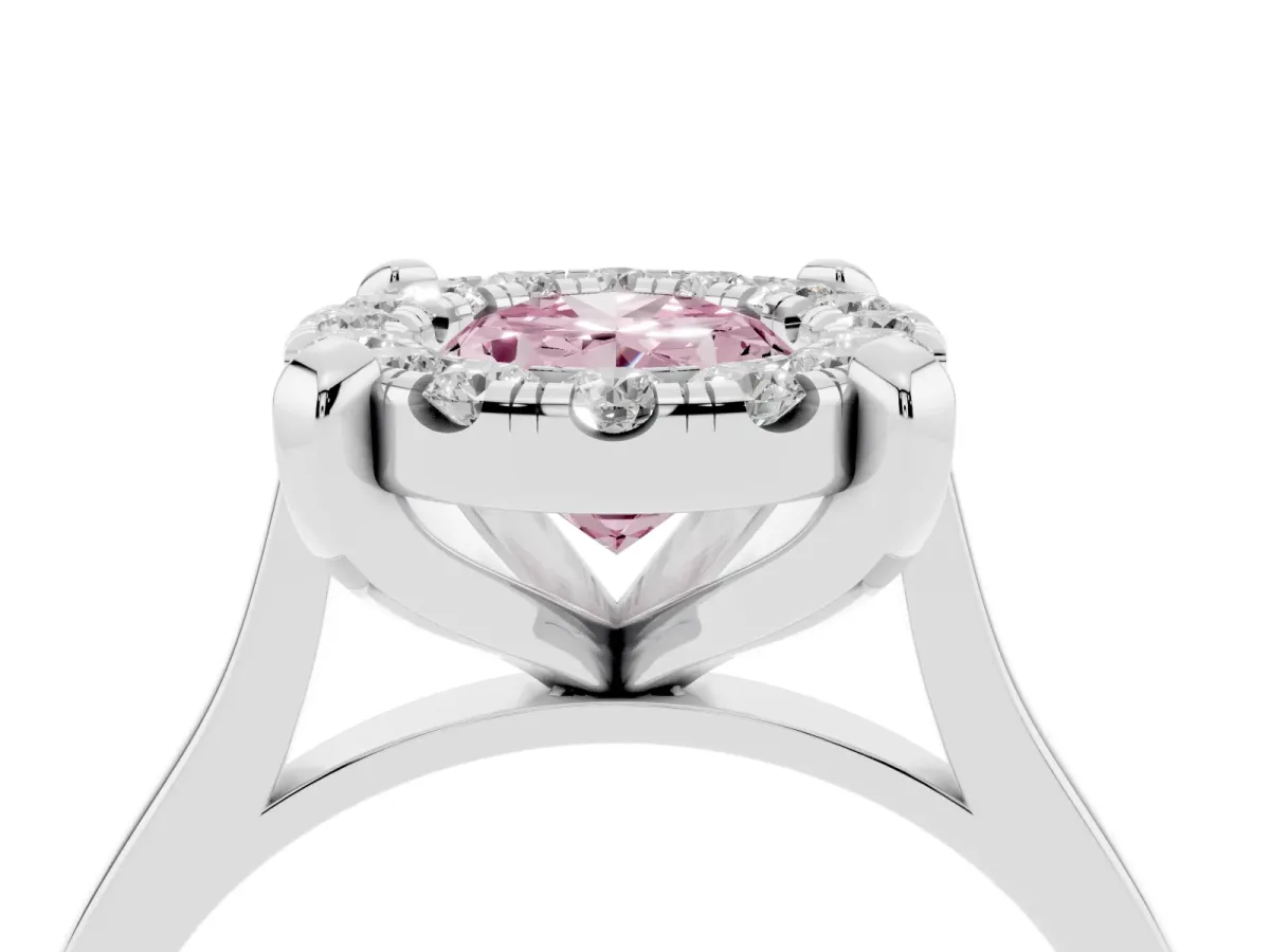 Fancy Pink Oval Cut Diamond Cluster Halo Solitaire with Four-Prong Setting Silver