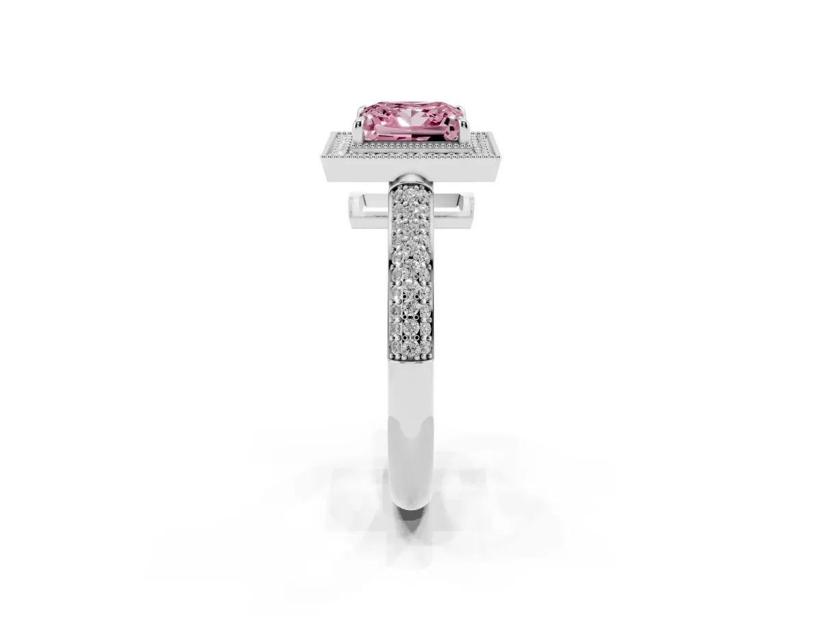 Fancy Pink Princess Cut Cut Halo Diamond Pave Band with Four-Prong Setting Silver