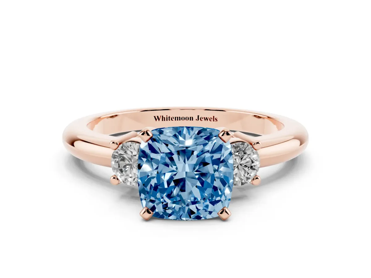 Fancy Blue Three-Stone Cushion Cut Cut Diamond Solitaire with Prong Setting and Classic Band Rose gold