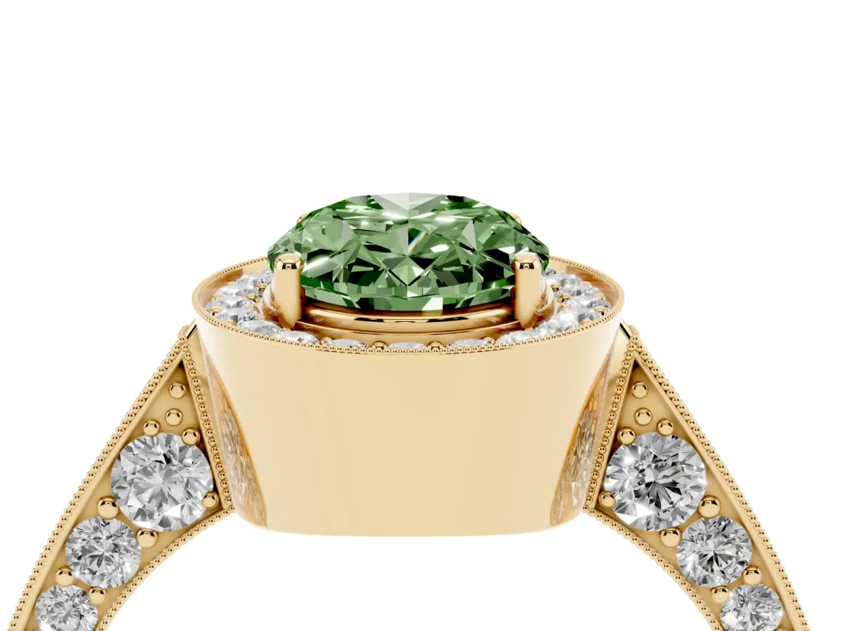 Fancy Green Oval Cut Halo Diamond Engagement Ring with Split Shank Band and Four-Prong Setting Yellow gold