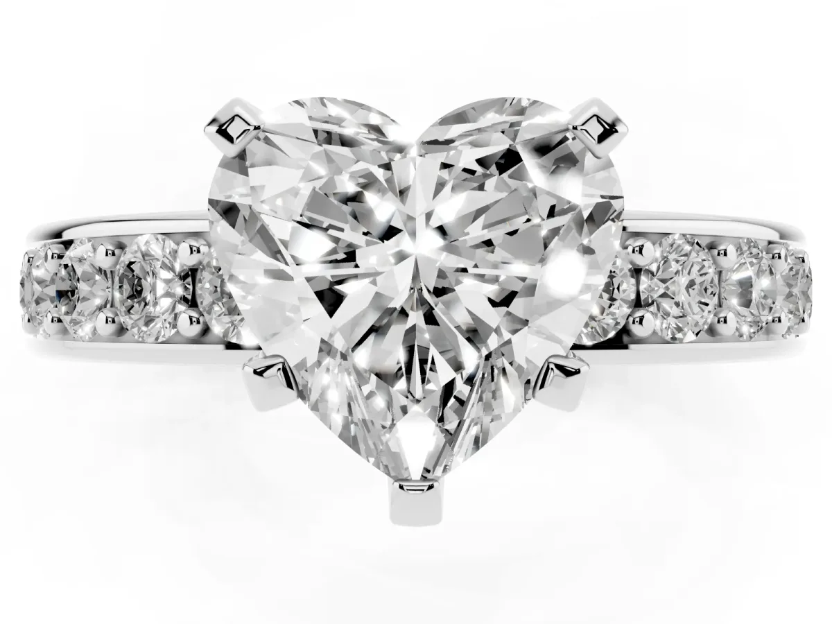 Heart Cut Diamond Engagement Ring with Channel Set Round Band and Prong Setting Silver