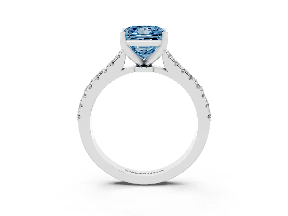 Fancy Blue Princess Cut Cut Solitaire Diamond Engagement Ring with Pave Band and Four-Prong Setting White gold