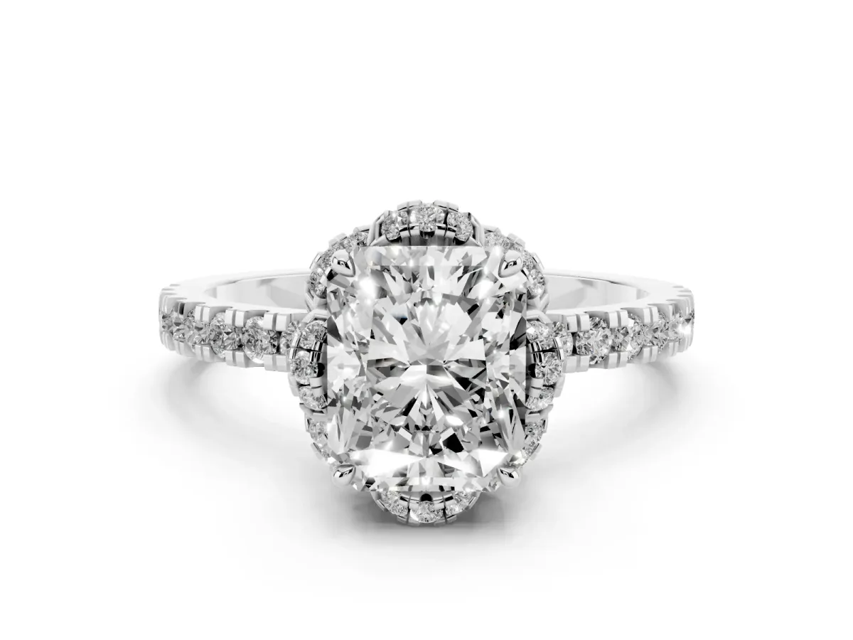Radiant Cut Halo Diamond Pave Band Ring with Four-Prong Setting Silver