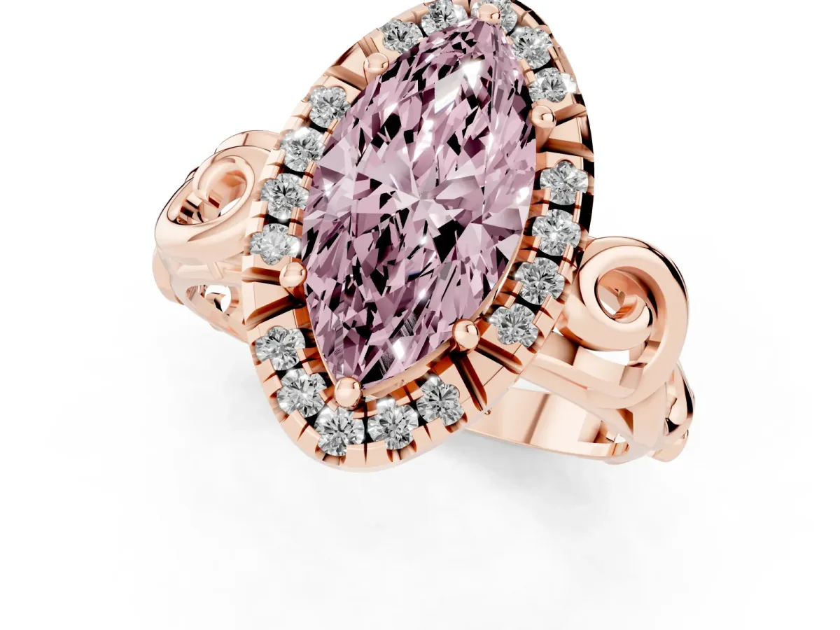 Fancy Pink Marquise Cut Cut Halo Diamond Ring with Scrollwork Band and Four-Prong Setting Rose gold
