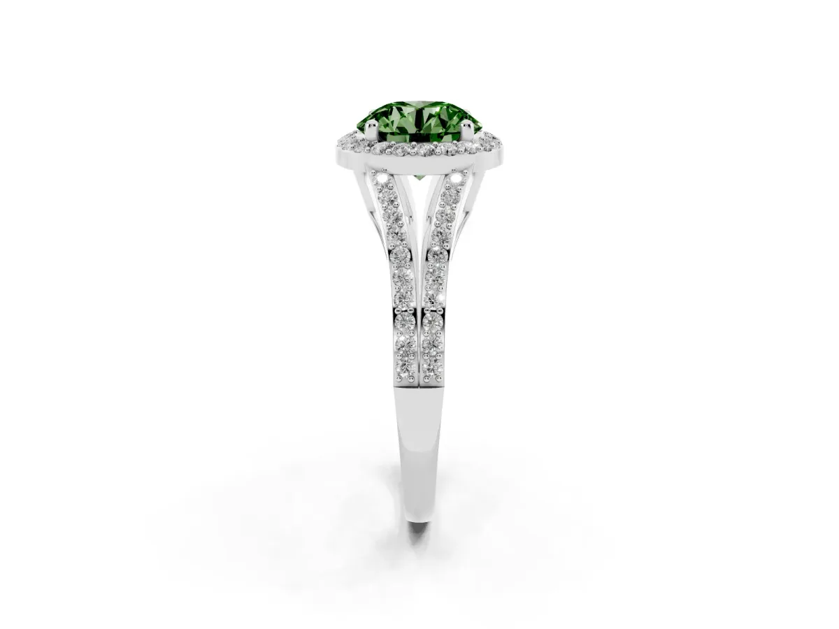 Fancy Green Round Cut Halo Split Shank Diamond Ring with Prong Setting Silver
