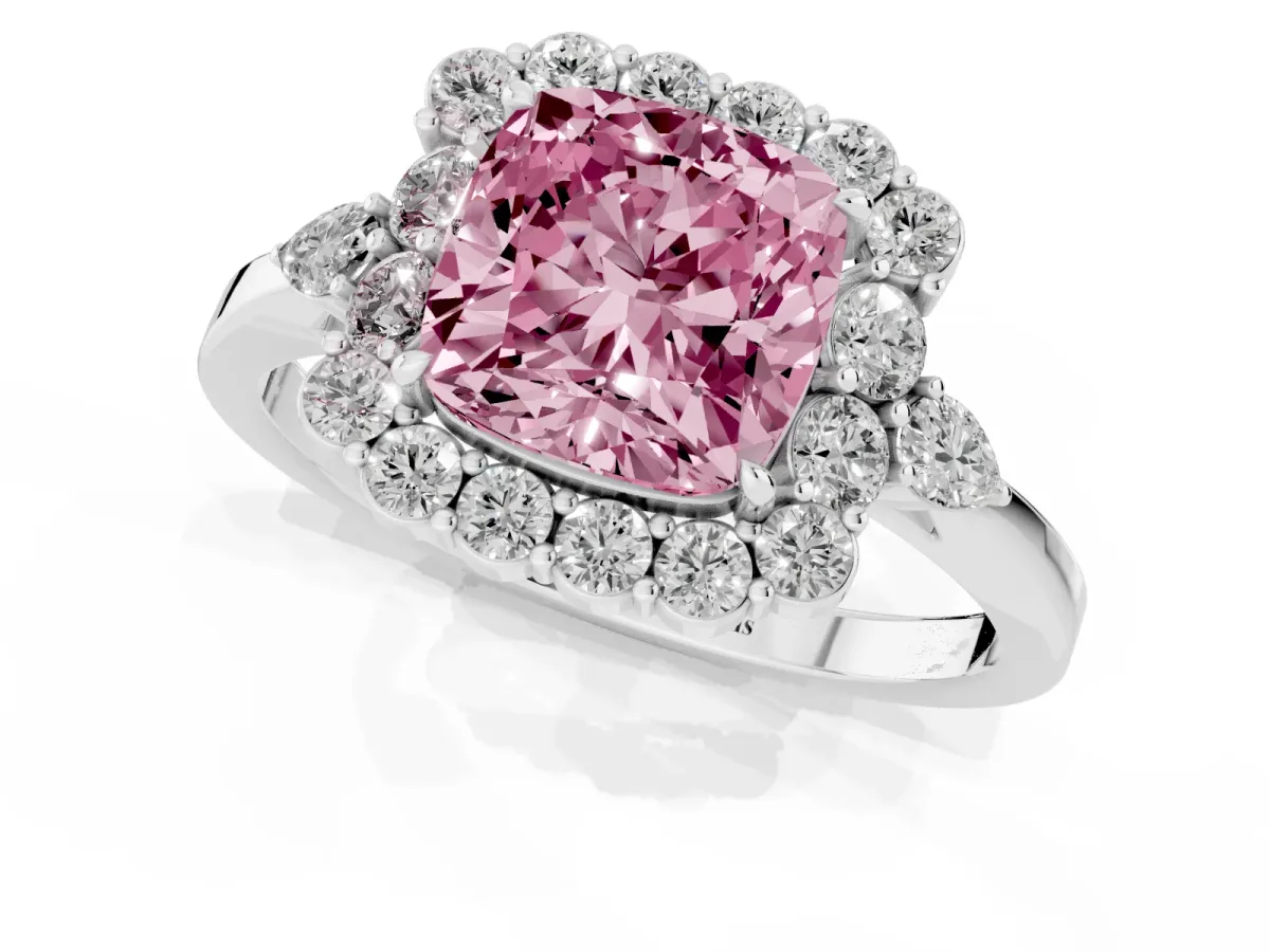 Fancy Pink Cushion Cut Diamond Halo Ring with Pear Side Stones and Prong Setting Silver