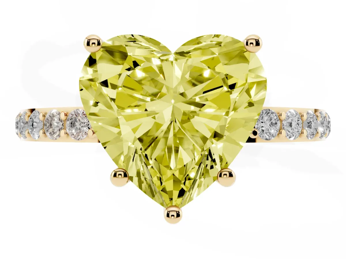 Fancy Yellow Heart Cut Diamond Solitaire Ring with Round Pavé Shoulders and Prong Setting Yellow gold