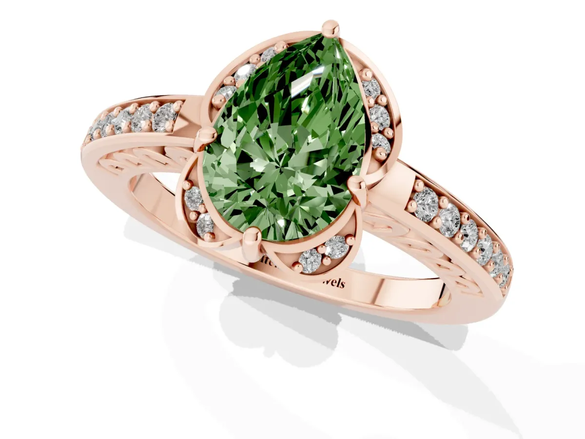 Fancy Green Pear Cut Cut Halo Diamond Ring with Channel Set Band and Four-Prong Setting Rose gold