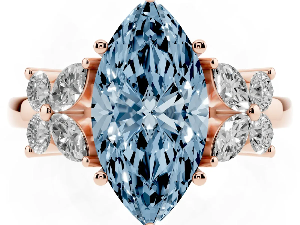 Fancy Blue Marquise Cut Diamond Floral Cluster Ring with Solitaire Band and Prong Setting Rose gold