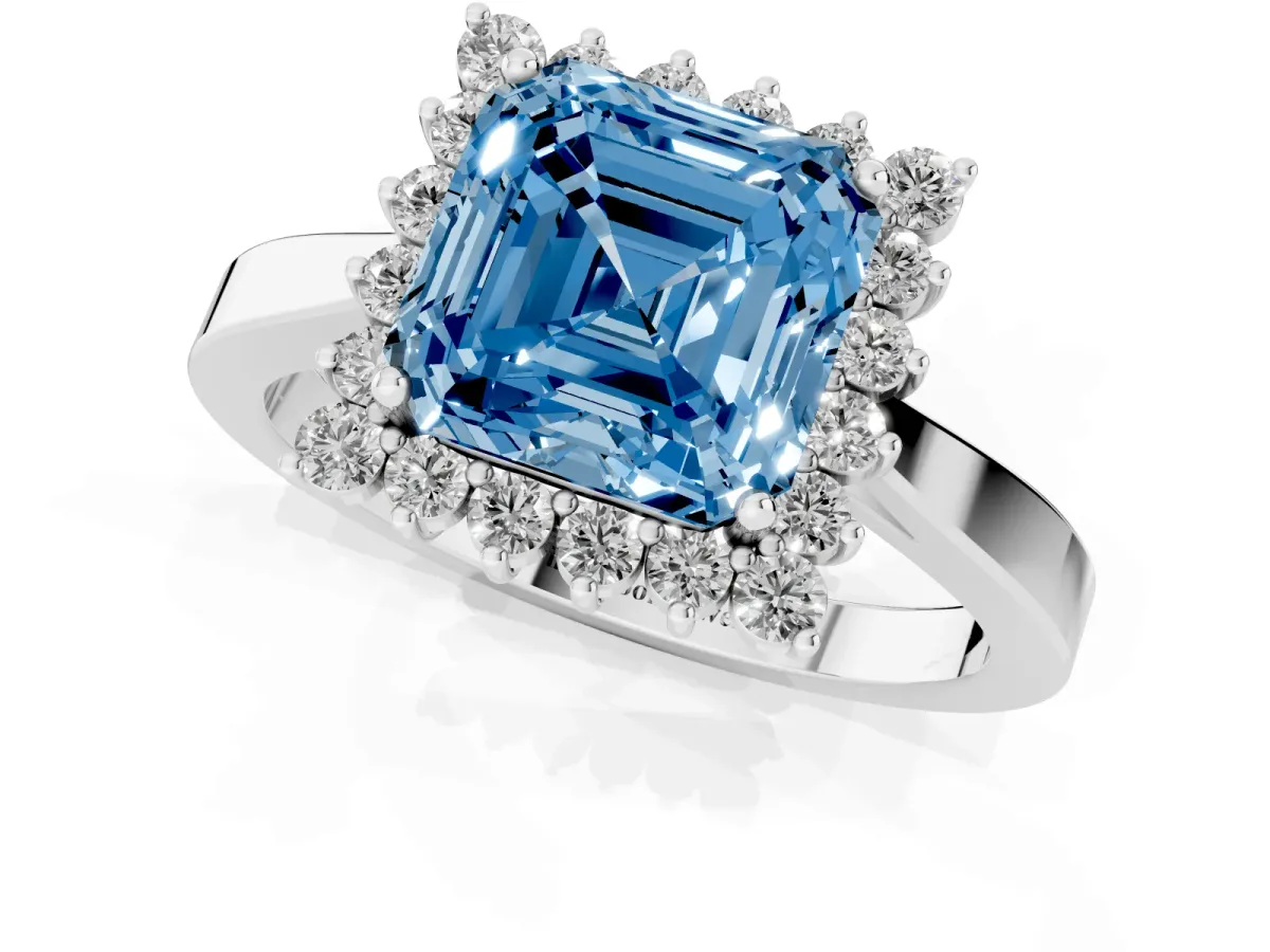 Fancy Blue Asscher Cut Cut Diamond Halo Ring with Round Brilliant Halo and Solitaire Band Silver