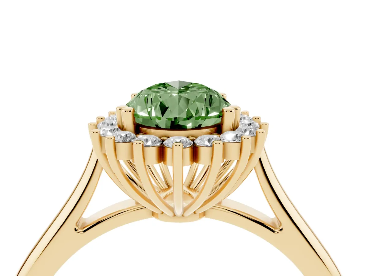 Fancy Green Pear Cut Cut Diamond Halo Ring with Solitaire Band and Prong Setting Yellow gold