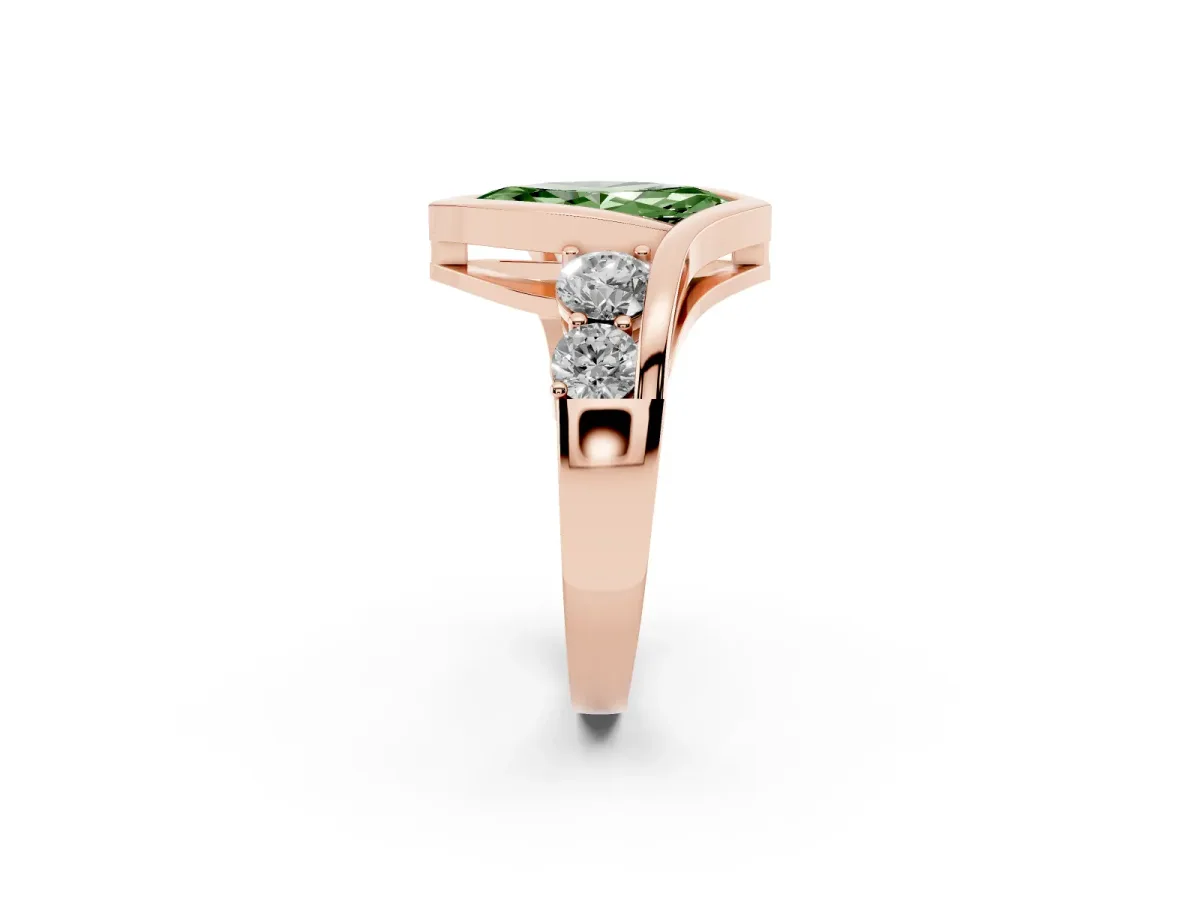 Fancy Green Bezel Set Marquise Cut Diamond Bypass Ring with Round Accents Rose gold