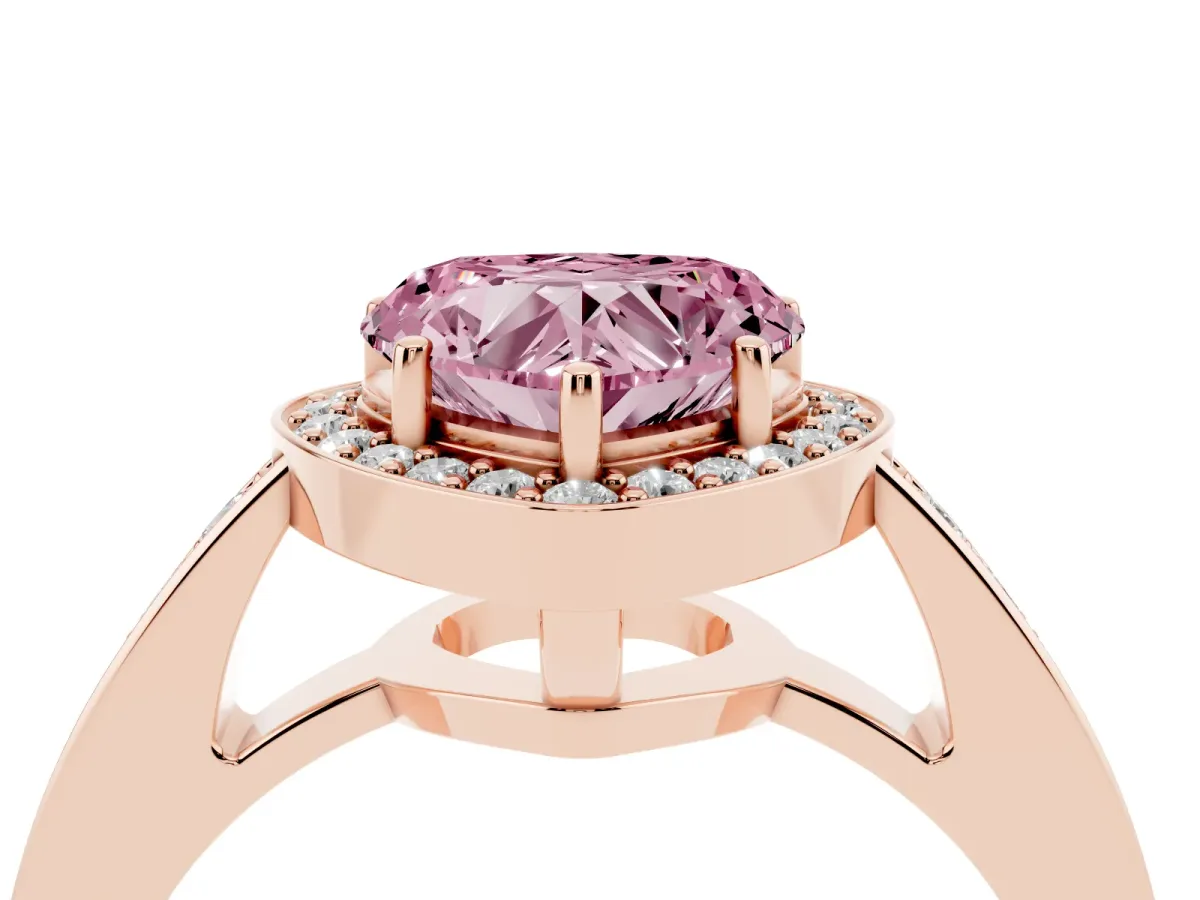 Fancy Pink Heart Cut Halo Pavé Diamond Engagement Ring with Bezel Setting Rose gold