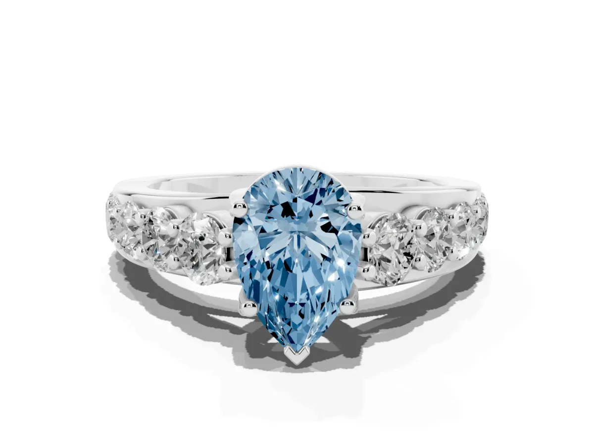 Fancy Blue Pear Cut Diamond Engagement Ring with Pavé Band and Four-Prong Setting Silver