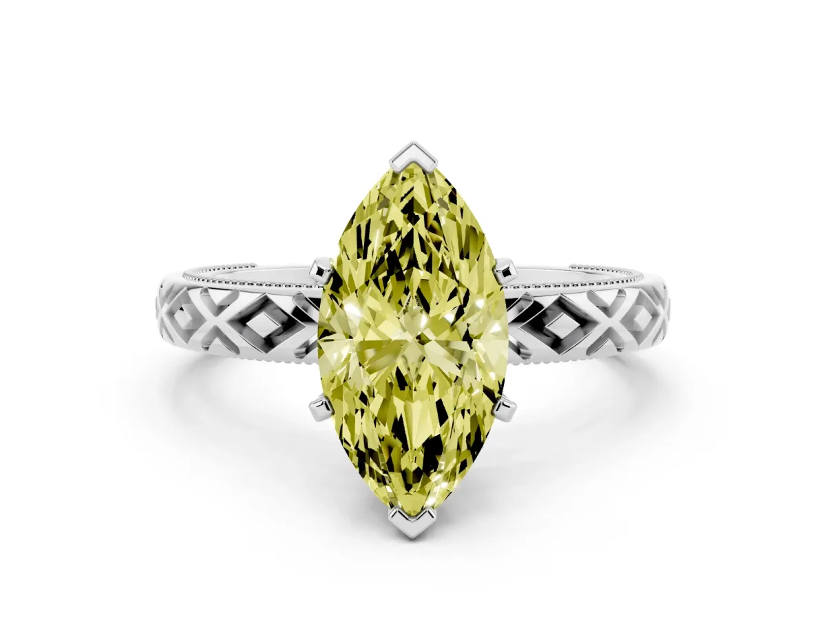 Fancy Yellow Marquise Cut Solitaire Diamond Ring with Milgrain and Black Enamel X Pattern Band Silver