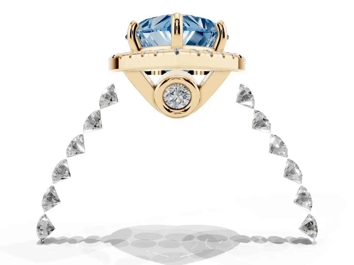 Fancy Blue Heart Cut Halo Pavé Diamond Engagement Ring with Four-Prong Setting Yellow gold