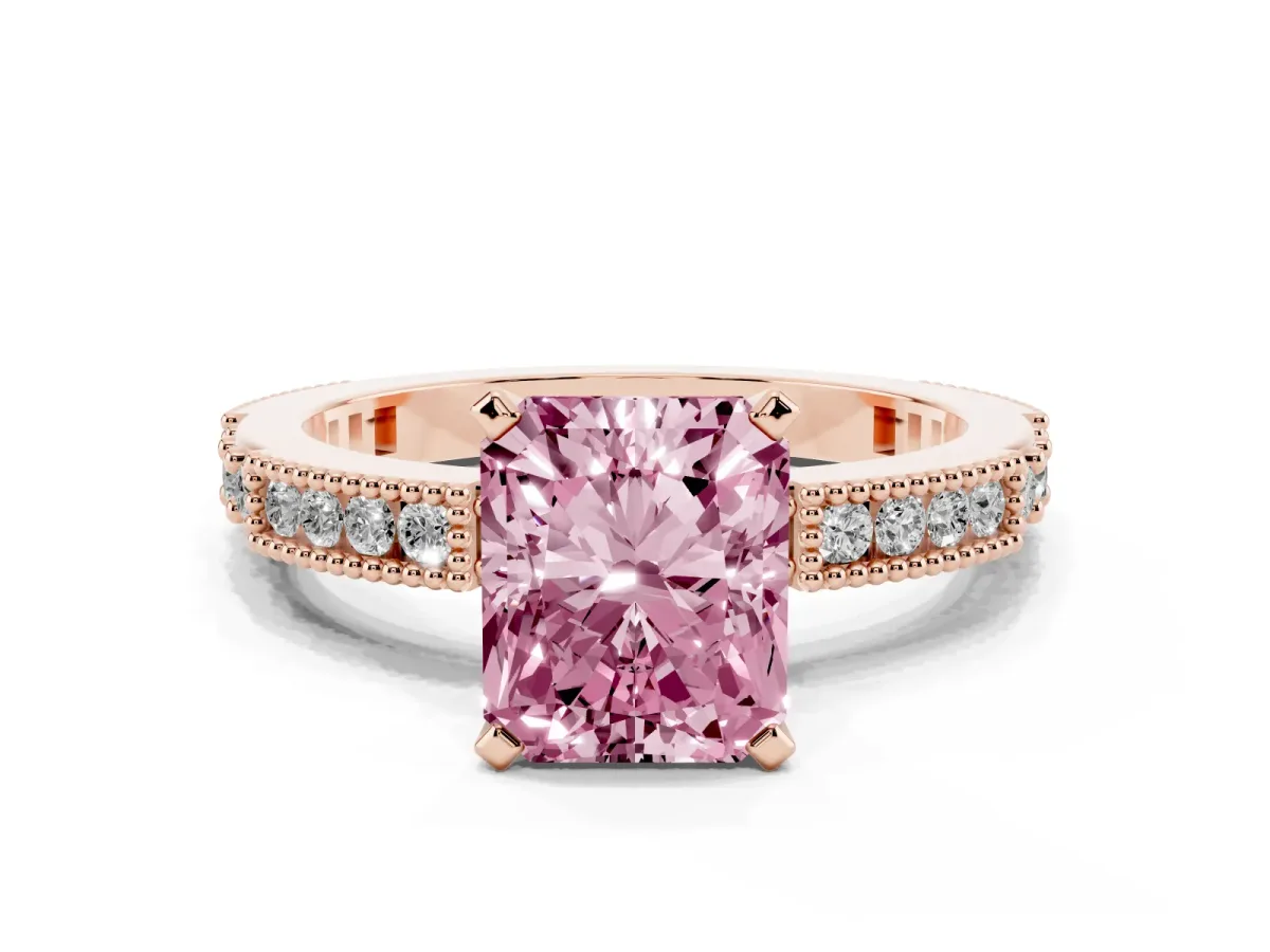Fancy Pink Radiant Cut Solitaire with Pavé Band and Four-Prong Setting Rose gold