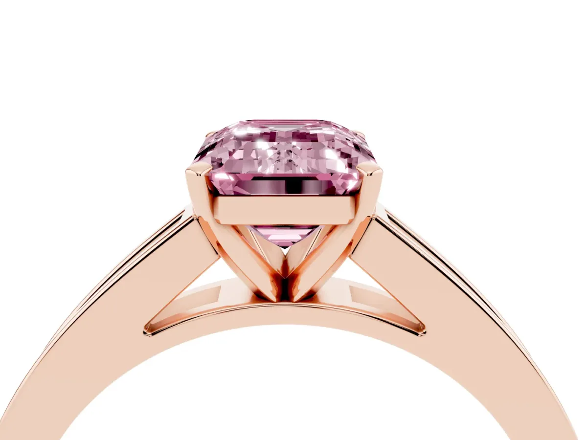 Fancy Pink Emerald Cut Solitaire Diamond Ring with Channel-Set Band and Four-Prong Setting Rose gold