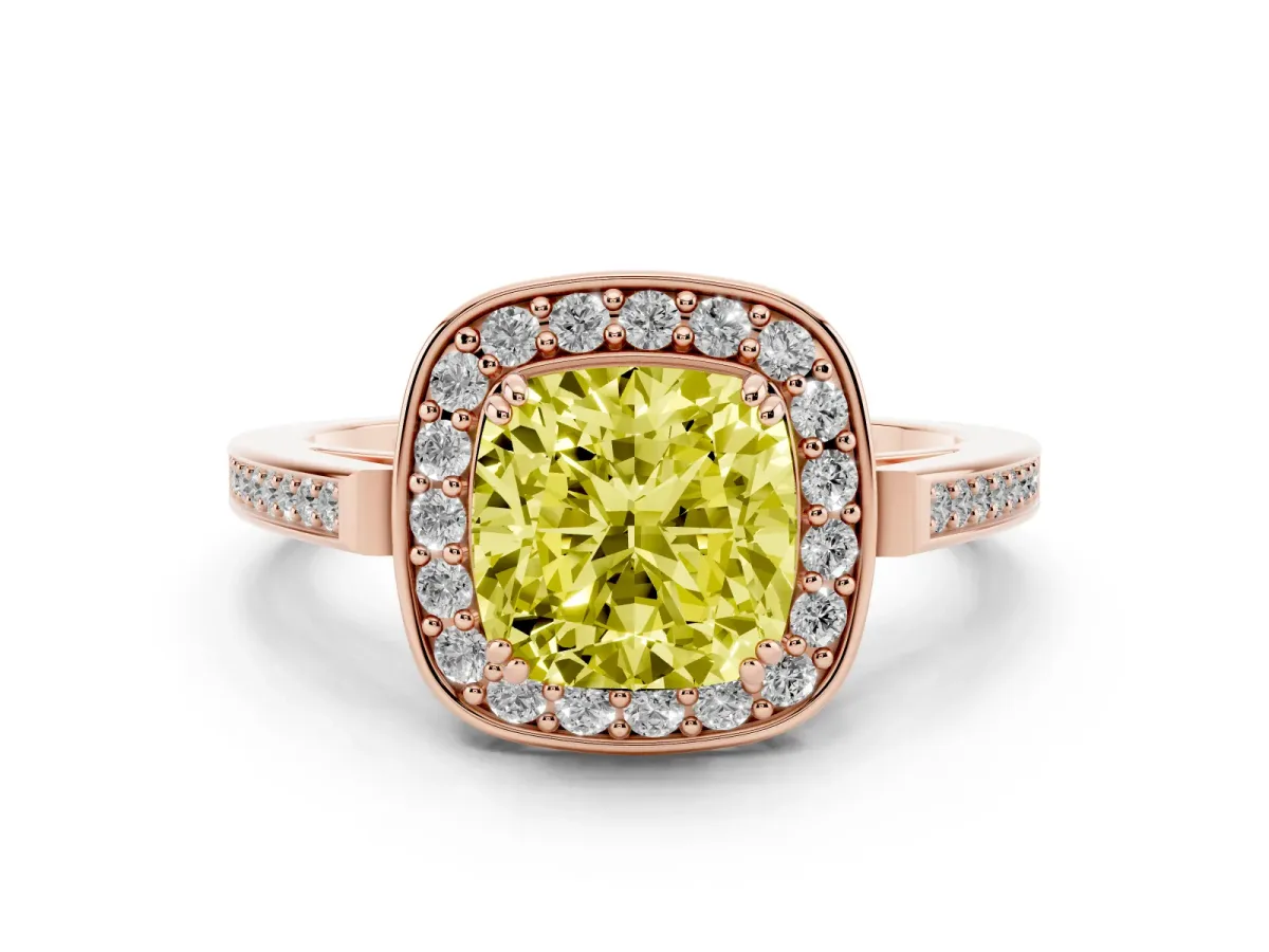 Fancy Yellow Cushion Cut Diamond Halo Ring with Split Shank and Four-Prong Setting Rose gold