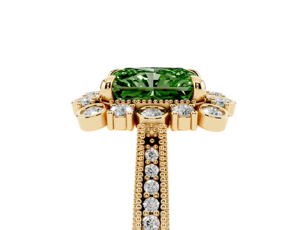 Fancy Green Radiant Cut Halo Milgrain Pave Diamond Ring with Four-Prong Setting Yellow gold