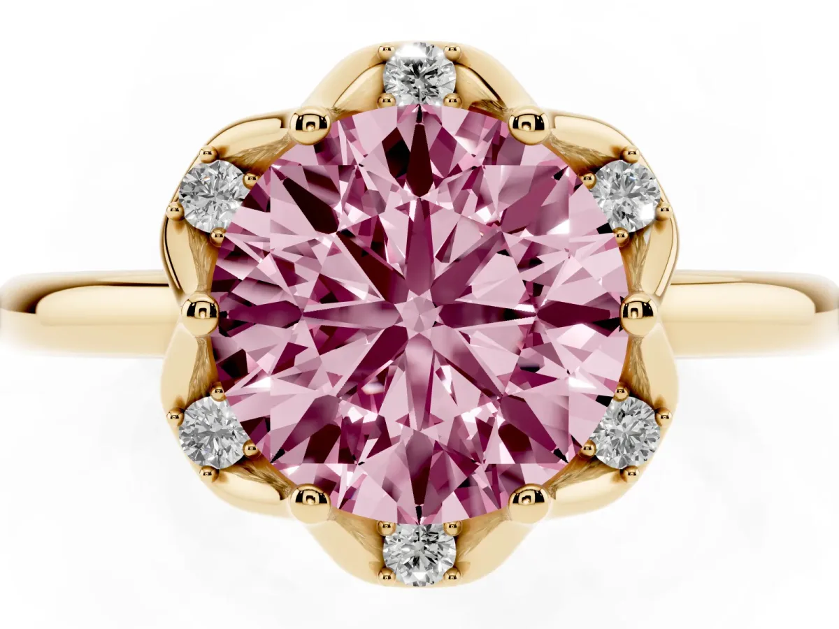 Fancy Pink Round Cut Halo Diamond Ring with Round Cluster Setting, Solitaire Band, and Four-Prong Setting Yellow gold