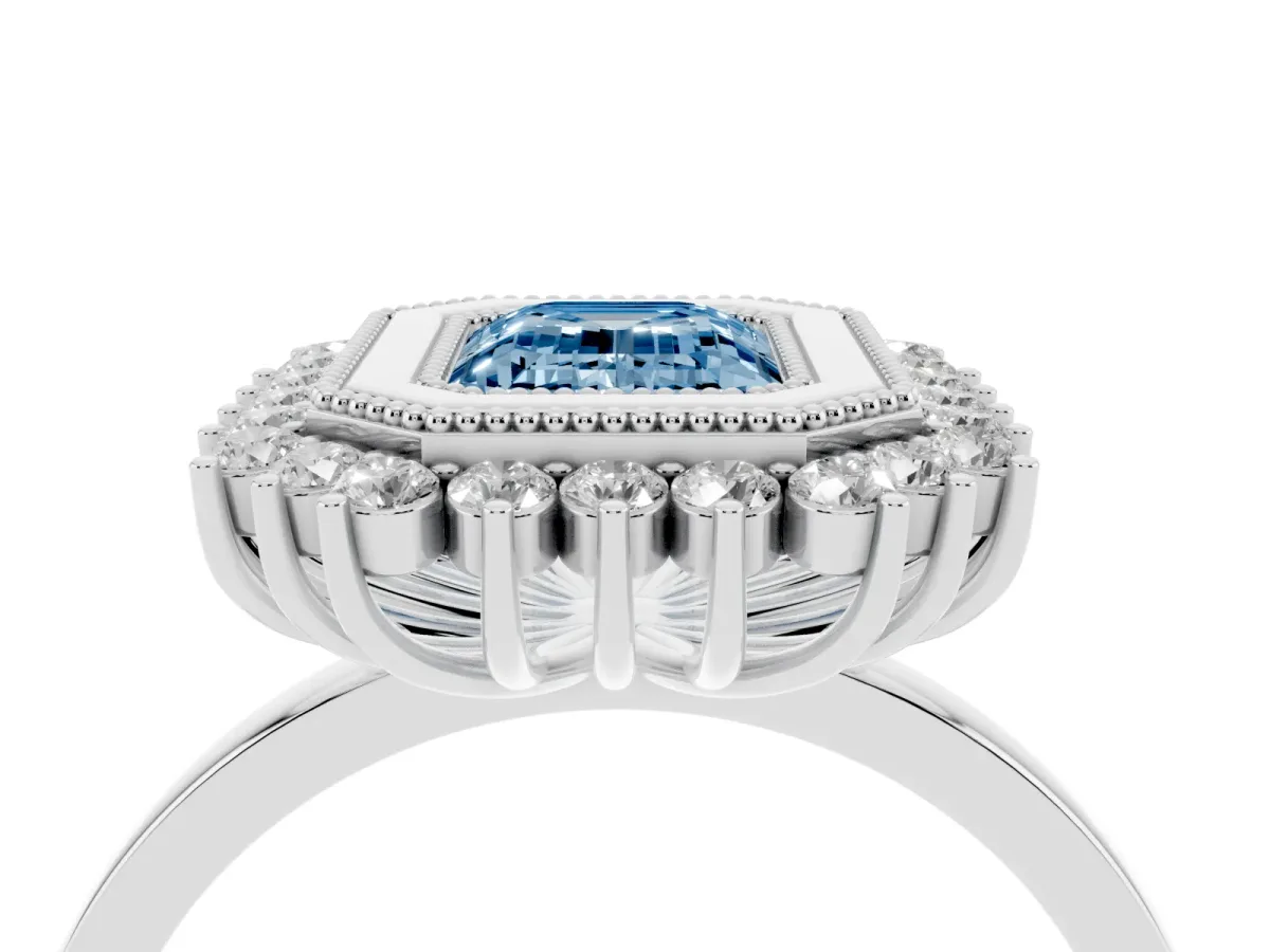 Fancy Blue Emerald Cut Halo Diamond Ring with Milgrain Edge and Round Prong Setting Platinum