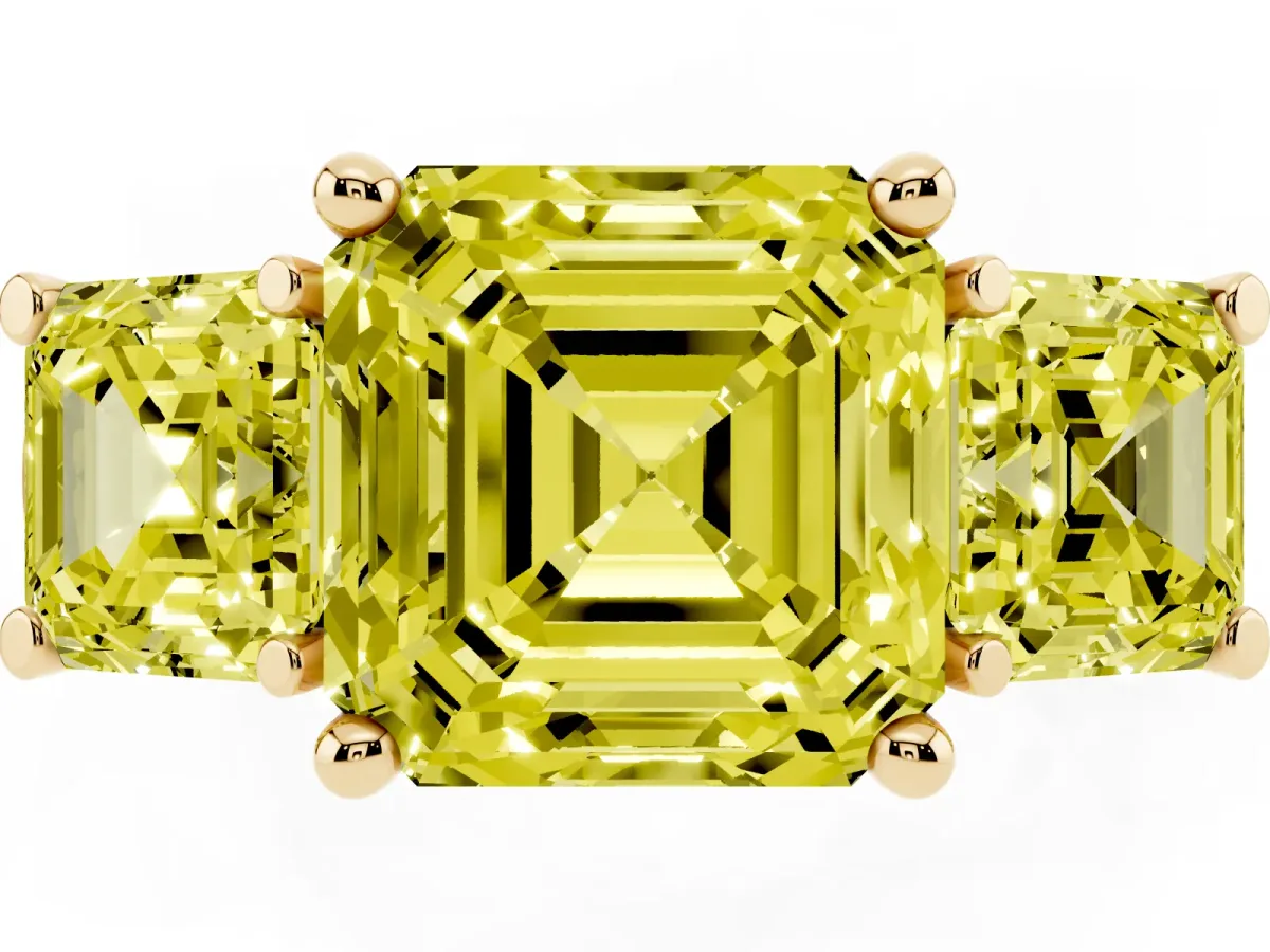 Fancy Yellow Three-Stone Asscher Cut Brilliant Diamond Trellis Ring with Comfort Fit Band Yellow gold