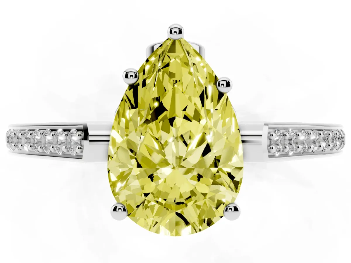 Fancy Yellow Pear Cut Cut Cathedral Pave Diamond Engagement Ring with Six-Prong Setting Silver