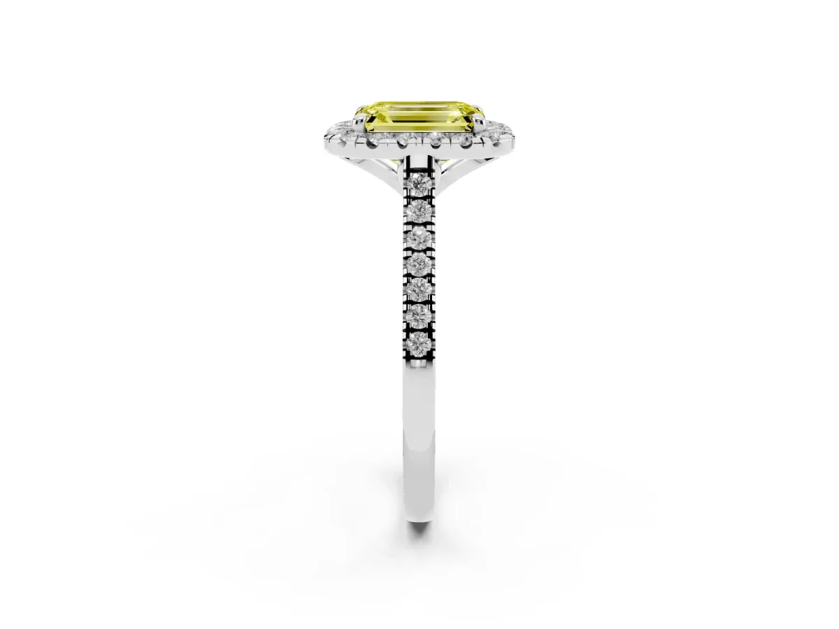 Fancy Yellow Emerald Cut Diamond Cushion Halo Ring with Pavé Band Silver
