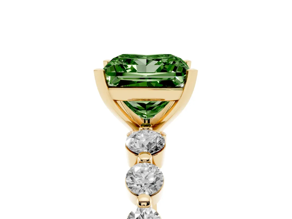 Fancy Green Princess Cut Solitaire Diamond Ring with Pave Band and Four-Prong Setting Yellow gold