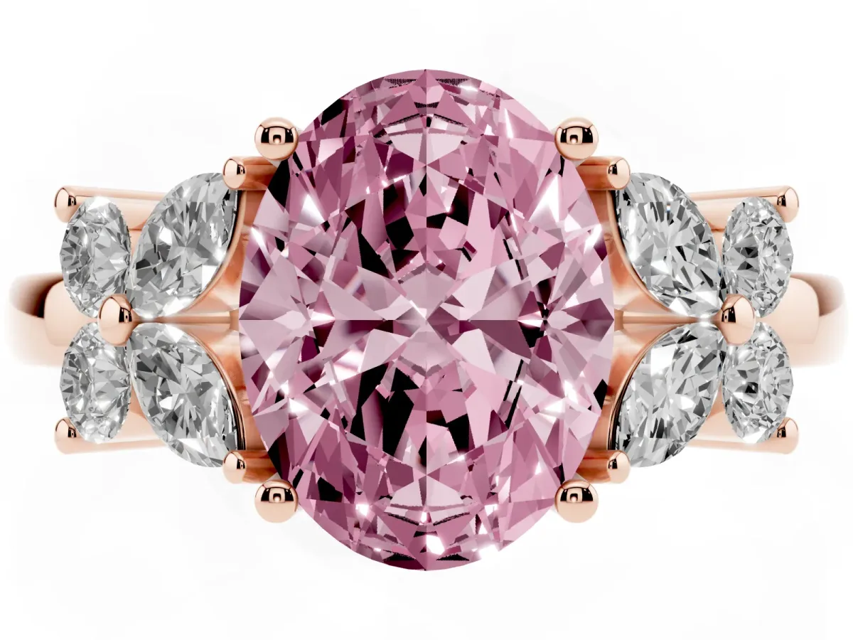 Fancy Pink Oval Cut Diamond Floral Cluster Ring with Solitaire Band and Prong Setting Rose gold