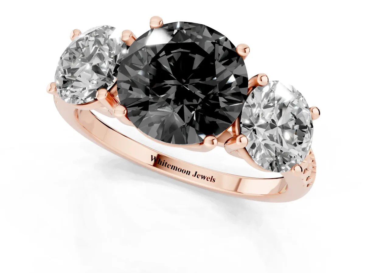 Fancy Black Three-Stone Round Cut Diamond Ring with Round Pavé Band and Prong Setting Rose gold