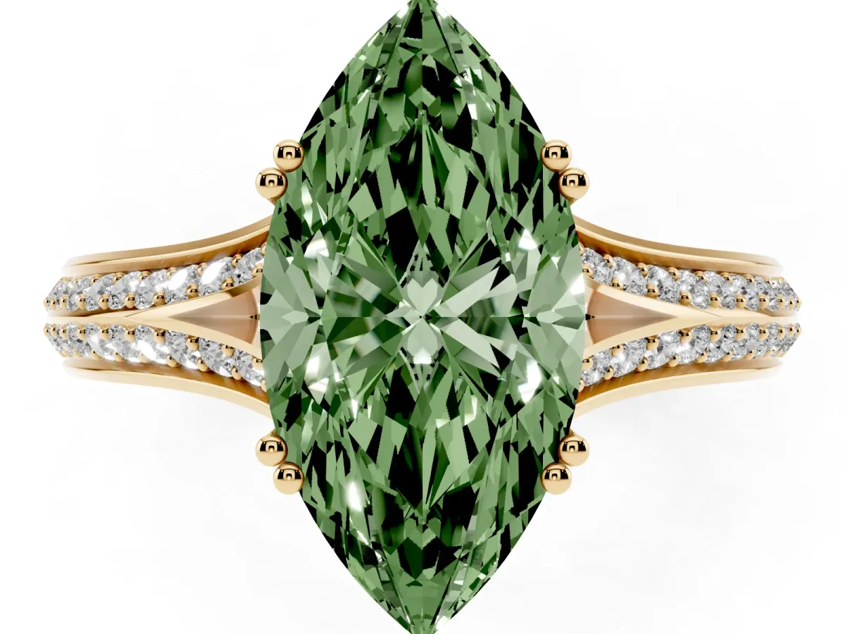 Fancy Green Marquise Cut Diamond Split Shank Engagement Ring with Pavé Band Yellow gold