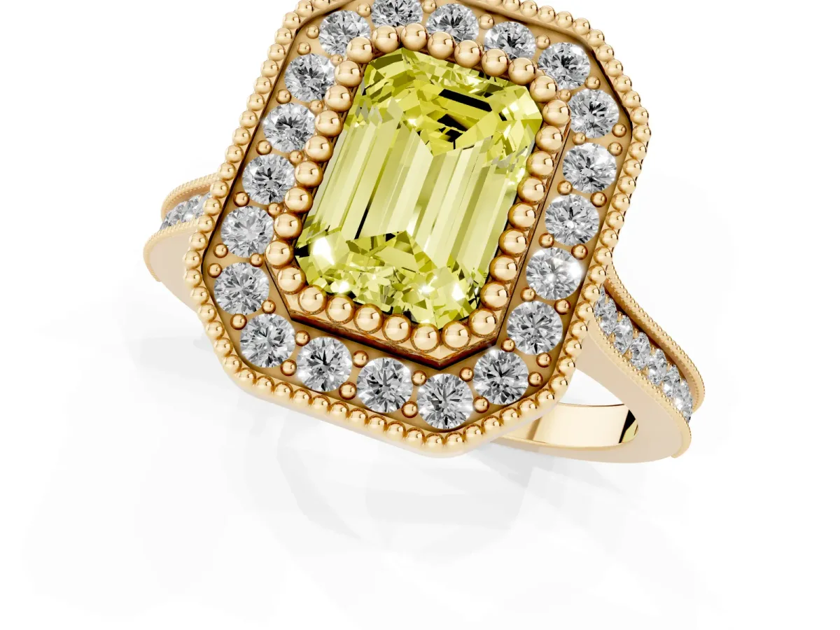 Fancy Yellow Emerald Cut Diamond Halo Ring with Milgrain Frame and Pavé Band Yellow gold