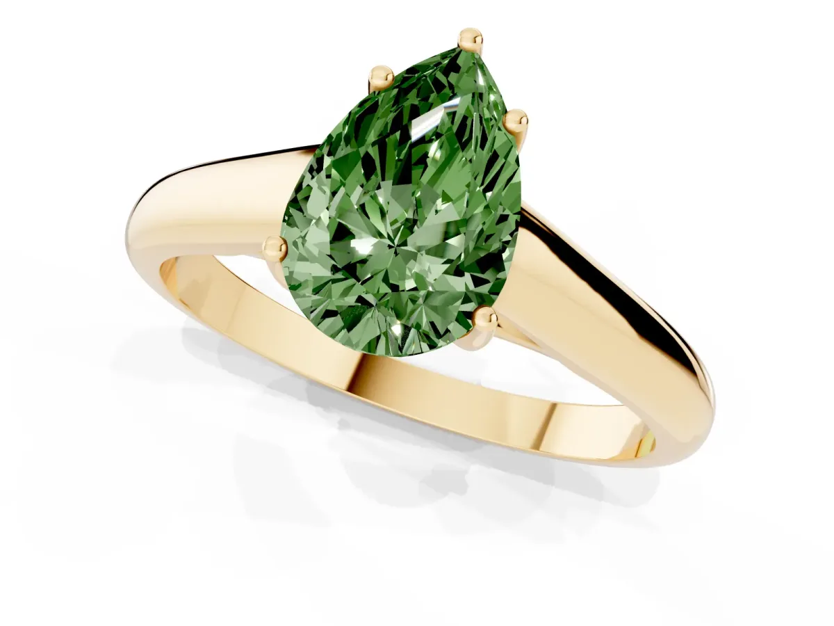 Fancy Green Pear Cut Solitaire Engagement Ring with Tapered Band and Four-Prong Setting Yellow gold
