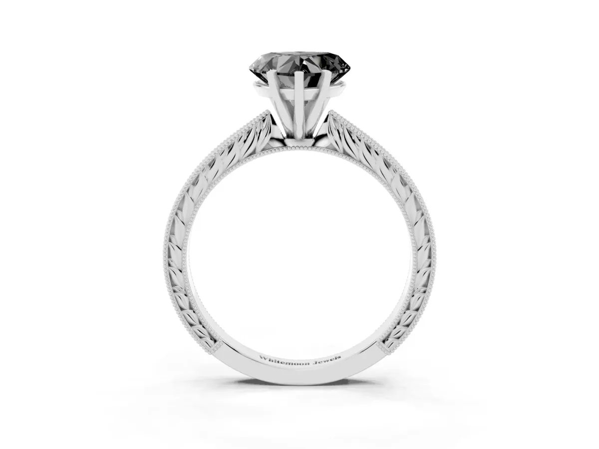 Fancy Black Heart Cut Solitaire Milgrain Engraved Band with Four-Prong Setting Silver