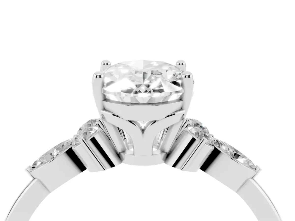 Oval Cut Brilliant Diamond Solitaire Ring with Pear Side Stones and Four-Prong Setting Silver