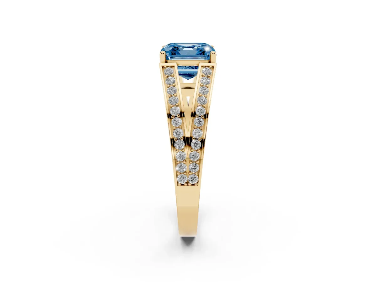 Fancy Blue Asscher Cut Diamond Split Shank Ring with Pavé Band and Four-Prong Setting Yellow gold