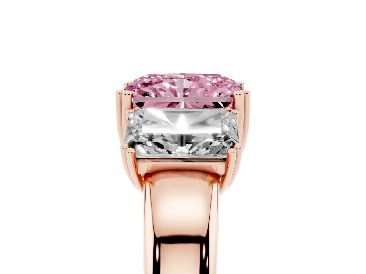 Fancy Pink Three-Stone Radiant Cut Cut Diamond Ring with Channel Set Band and Four-Prong Setting Rose gold