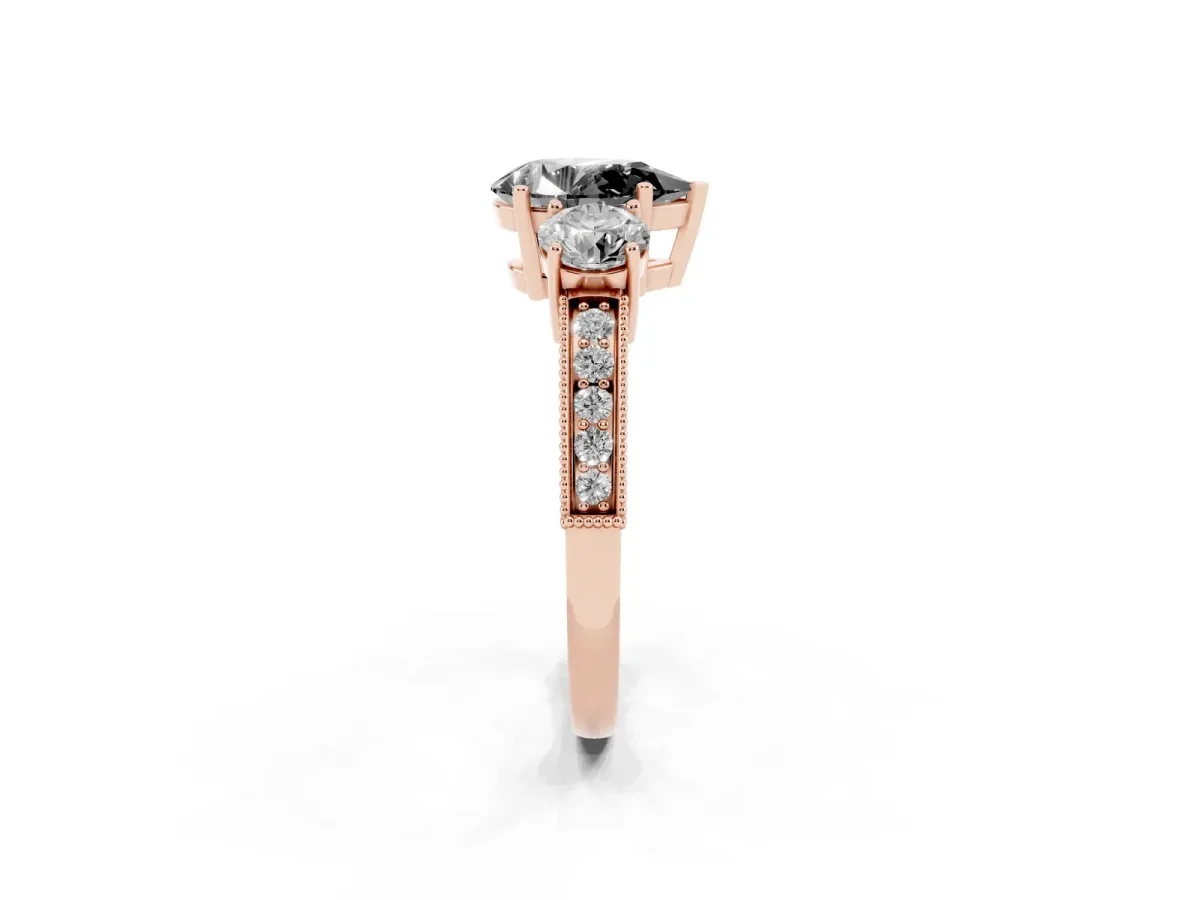Fancy Black Pear Cut Three-Stone Diamond Ring with Pavé Band and Four-Prong Setting Rose gold