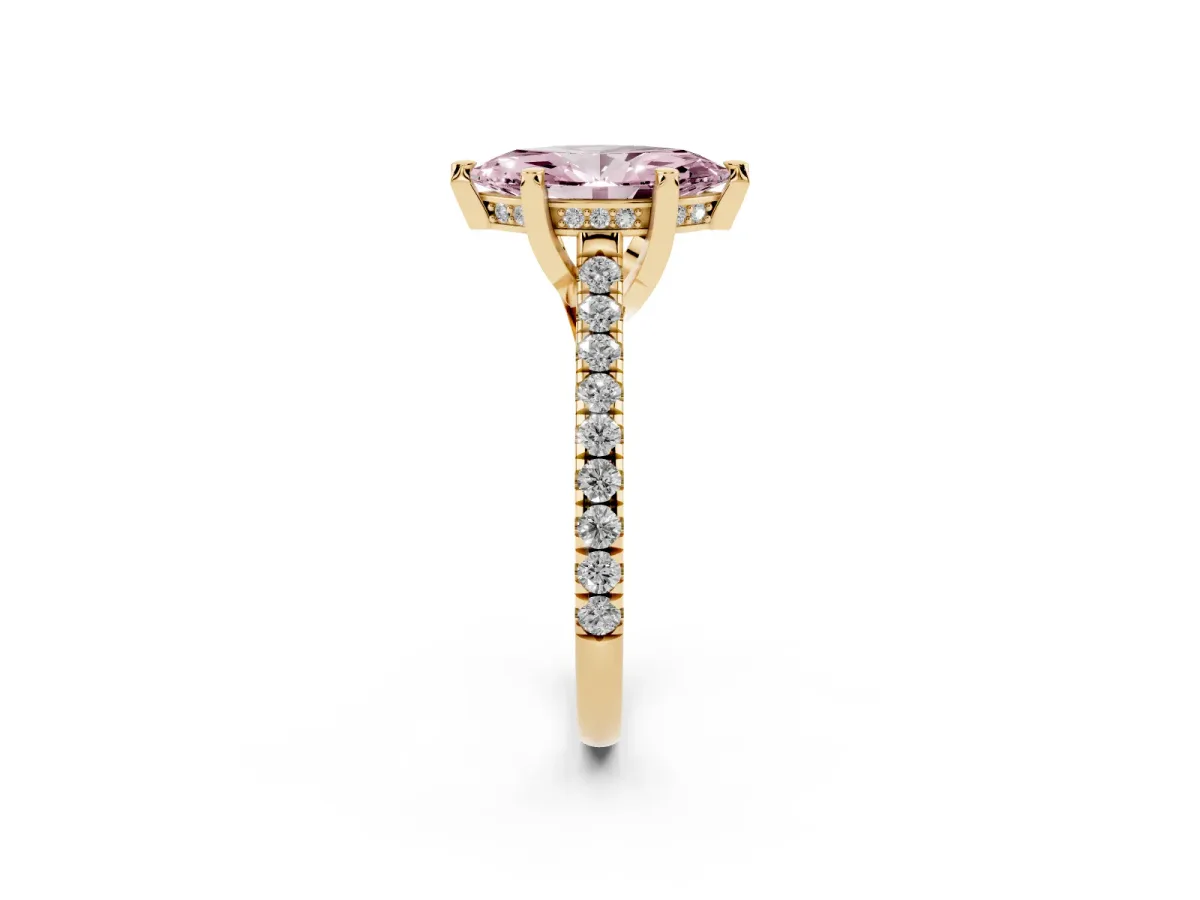 Fancy Pink Marquise Cut Brilliant Diamond Solitaire with Pavé Band and Four-Prong Setting Yellow gold